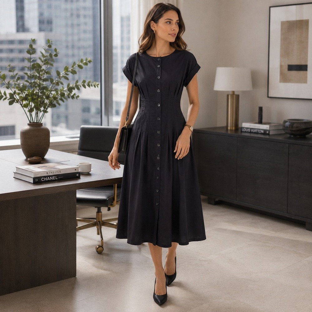 CALVIN‎ KLEIN Women's New Midi ShirtDress Black 8 Fit Flare Button Front Pintuck